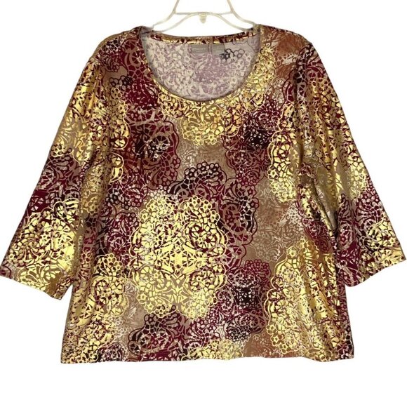 Chicos Zenergy Womens Burgundy & Gold Shimmer 3/4 Sleeve Top Size 3 / XL - Picture 1 of 5